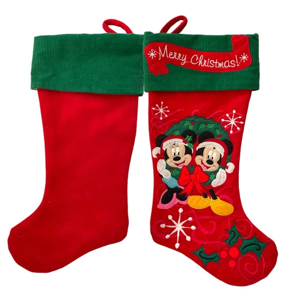 2010 Disney Mickey Minnie Mouse Christmas 18" Stocking Corduroy /fleece - Picture 2 of 8